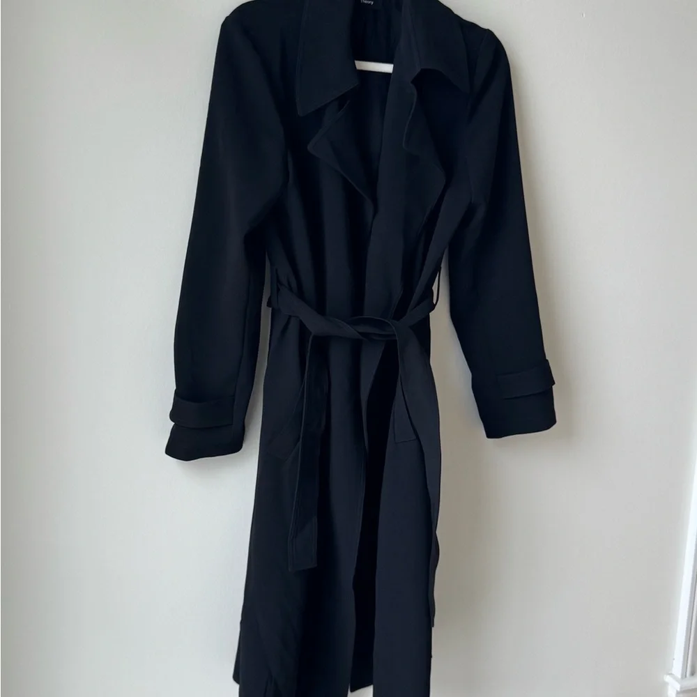 Theory Women Black Lined Long Tie Belted Jacket Dress Size Medium
